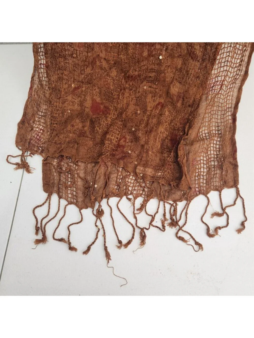 Lightweight Brown Paisley Sequin Scarf With Fringe Detail - Made In India - 100%